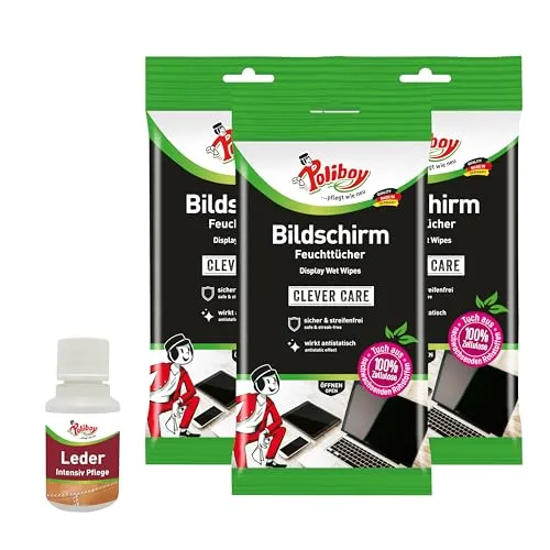 POLIBOY Bildschirm Feuchttücher - Displayreiniger Putztücher mit Antistatikeffekt - 3x 15 Tücher - Mit Produktprobe - Made in Germany
