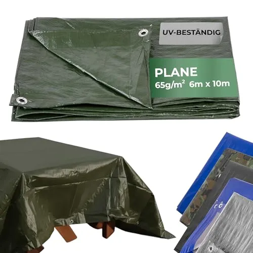 Plane Tarpaulin Light 6x10 m - grüne Abdeckplane mit Ösen - Vielseitige Abdeckplane für Bau und Garten: wasser- und schimmelresistent, mit robustem Saum und UV-Schutz. Ideal für den professionellen Einsatz bei unterschiedlichen Witterungsbedingungen.