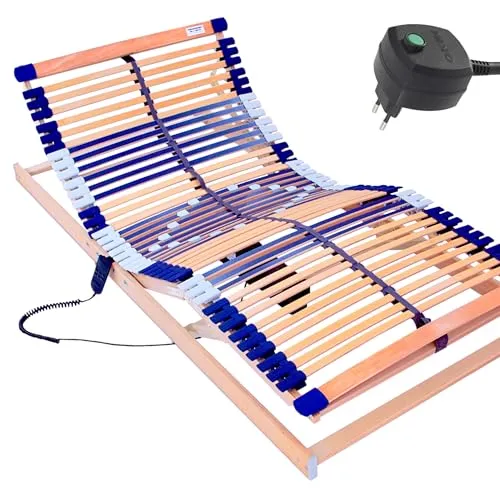 Elektrischer Lattenrost 100% Buche mit Schulterfräsung – Komfort in 7 Zonen - Hochwertiger elektrischer Lattenrost von Schlummerparadies, fertig montiert für 110x200cm Betten. Genießen Sie die stufenlose Verstellung von Kopf- und Fußteil sowie geprüfte Stabilität bis 180kg.