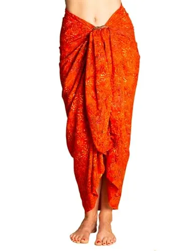 PANASIAM Sarong B017 OrangeBambooleaf, L - Pareos & Strandkleider für Damen, handgefertigter Viskose-Sarong im aufwendigen Wachsbatik-Design, blickdicht und vielseitig als Wickelrock, Kleid oder Schal tragbar.