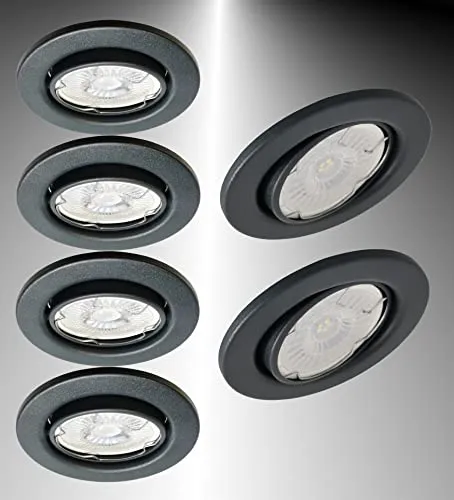TRANGO LED Einbauleuchte 6er Set - Schwenkbare Deckenstrahler in Anthrazit - Lampen Set mit 6x 5W warmweißen LED-Modulen, ultra flach (23mm), ideal für Wohnzimmer, Badezimmer und Büros. Spritzwasser geschützt (IP23) und geeignet für einfache Installation.