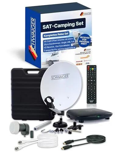 SCHWAIGER 9604 Camping Sat-Anlage - Komplett-Set für unterwegs - SAT-Antennen für mobiles Fernsehen – Das Komplett-Set enthält alles für die Installation der Satellitenanlage, inklusive vorprogrammiertem Receiver und optimiertem Saugfuß-Halter für einfache Montage auf Reisen.