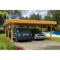 Skan Holz Carport Spessart 611 cm x 604 cm Eiche hell - Robuste Leimholz-Konstruktion - Carport aus lasiertem Leimholz im hellen Eichenstil, ideal für zwei Fahrzeuge mit optimaler Stabilität und hoher Schneelast, perfekt für alle Wetterbedingungen.