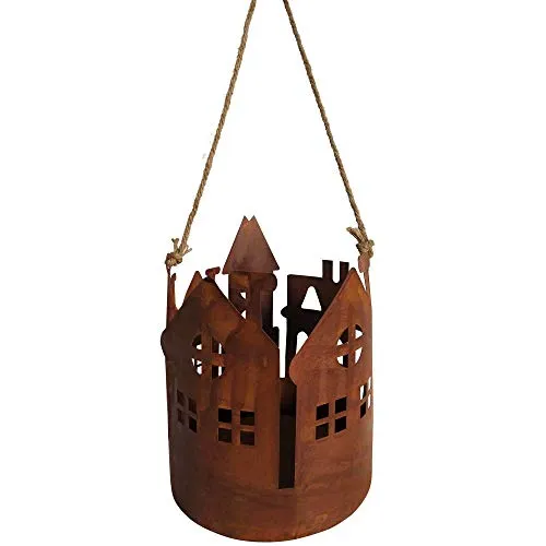 UNUS Deko Rost Laterne zum Aufhängen mit Jutekordel, Edelrost Windlicht für Garten, Terrasse, Balkon und Zuhause