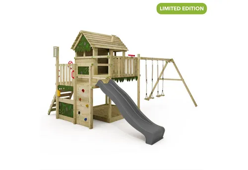FATMOOSE MightyMansion Move XXL Spielturm mit Rutsche & Schaukel - Großer Spielturm aus kesseldruckimprägniertem Massivholz, ideal für stundenlangen Spielspaß. Inklusive Schaukel, Sandkasten und Wellenrutsche. 10 Jahre Garantie auf Holzelemente!