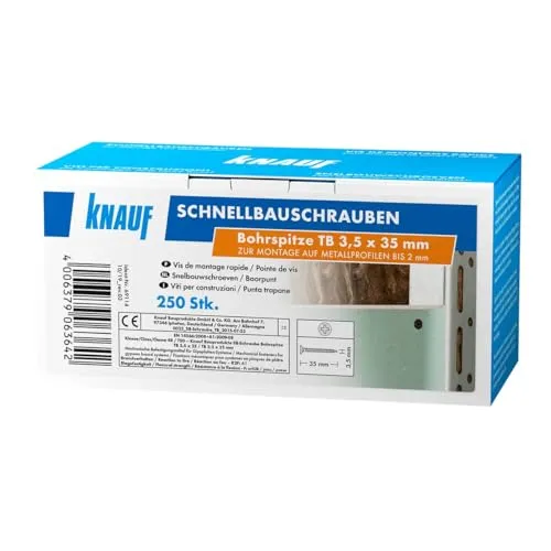 Knauf Schnellbau-Schraube TB Bohrspitze zur sicheren Fixierung von Gips-Platten auf Metall-Unterkonstruktionen bis 2-mm – Trockenbau-Schrauben, Gipsplatten-Schrauben, 3,5-mm x 35-mm (250 Stk.)