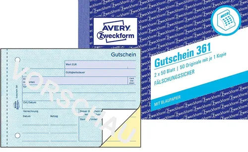 AVERY Zweckform 361 Gutschein (A6 quer, mit 1 Blaupapier, von Rechtsexperten geprüft, fälschungssicher, mit Ausfüllhilfe, für Deutschland zum Erstellen von Gutschriften, 2x50 Blatt) weiß/gelb