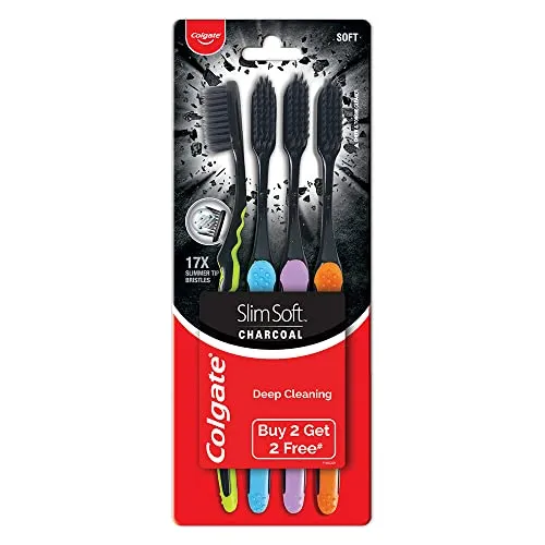 Colgate Slimsoft Handzahnbürste für Erwachsene, Kohle, 4 Stück, 17 x dünnere Borsten, Zahnbürste, Kombi-Pack