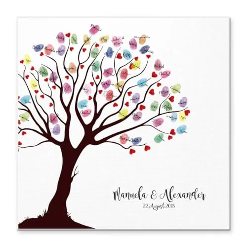Personalisierte Leinwand Hochzeit Fingerabdruck Gästebuch 50x50 cm - Gästebuch zur Hochzeit, personalisierbar mit Namen und Datum. Hochwertiger Leinwanddruck für unvergessliche Erinnerungen und kreative Gästebeiträge.