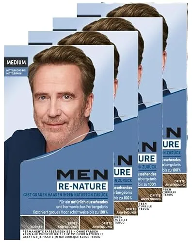 Men Perfect Re-Nature Männer Mittelblond bis Mittelbraun (4x 145 ml), Re-Pigmentierungs-Creme, stellt ohne Haare färben die Naturhaarfarbe wieder her und kaschiert schonend graue Haare