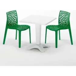 Grand Soleil Gruvyer Patio Set – Weißer Tisch und 2 bunte Stühle - Stylisches Gartenmöbelset bestehend aus einem weißen quadratischen Tisch (70x70 cm) und 2 bunten Gruvyer Stühlen. Ideal für Gastronomie und private Nutzung, robust und platzsparend dank zentralem Tischbein.