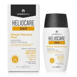 Heliocare 360° Mineral Tolerance Fluid SPF 50 - 50 ml - Schützendes mineralisches Gesichtsfluid für Damen, 50 ml. Optimale UV-Strahlen-Abschirmung, leicht aufzutragen und pflegt die Haut, ohne einen Fettfilm zu hinterlassen.