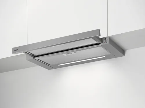 AEG DPE5660M Flachschirmhaube - 60cm, Abluft- und Umluftbetrieb, 3 Leistungsstufen + 1 Intensivstufe, elegante Edelstahlfront für moderne Küchen