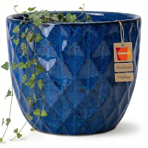 Teramico Blumentopf "Diamant" Royal Blau – Handgefertigt & Frostfest - Eleganter, glasiert Pflanztopf aus Keramik mit 31 cm Höhe und 38 cm Durchmesser. Ideal für das stilvolle Gärtnern im Freien, wetterfest und handgefertigt in Deutschland.