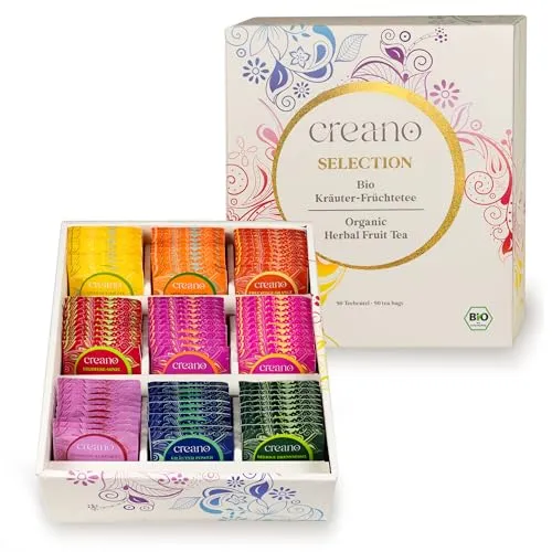 Creano Bio Früchtetee Kräutertee Geschenkset - 90 Teebeutel in 9 Sorten - Tee-Geschenkideen mit 9 biologischen Teesorten, ideal für jeden Anlass. Genießen Sie die Vielfalt von fruchtigen und kräuterigen Aromen, perfekt für heiße und kalte Zubereitung.