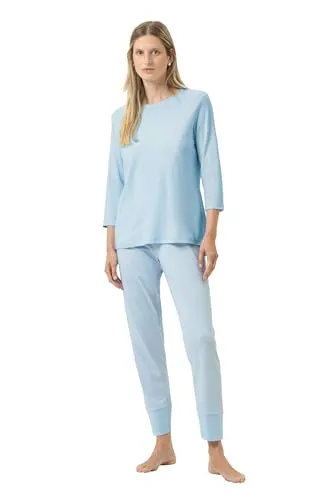 Mey Nachtwäsche Serie Simple Stripes Damen Schlafanzug Alice Blue XL (44) - Bequemer 2-teiliger Pyjama in legerer Passform. Unifarbenes Shirt mit 3/4-Arm und Rundhalsausschnitt, kombiniert mit einer Hose im trendigen Streifen-Look.