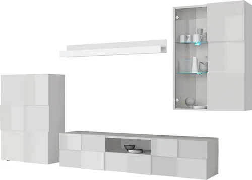 Home affaire Wohnwand Dama, 4tlg.Breite 300 cm, Höhe 200 cm, moderne Anbauwand in 3D-Optik, (Set, 4-St), (Lowboard, Stauraumschrank, Hängevitrine, Wandboard) viel Stauraum