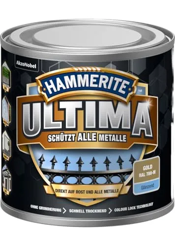 Hammerite Ultima Glänzend, Metallschutzlack, Hochwertiger Schutzlack für alle Metalle im Außenbereich, Gold RAL 780-M, 250 ml