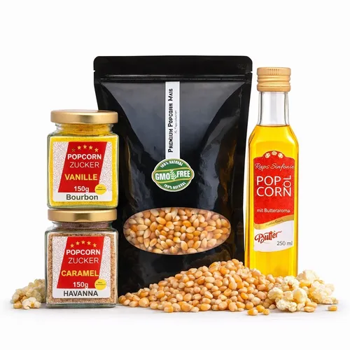 Hopser Funfood Popcorn Set mit Popcornmais, Popcornöl, Vanille- und Karamellzucker - Ideal für Filmabende: Dieses Popcorn Set enthält alles für leckeres Popcorn. Mit Popcornmais, Öl und Zucker zaubern Sie süße oder salzige Varianten ganz einfach selbst. Perfekt für Partys und gemütliche Abende!