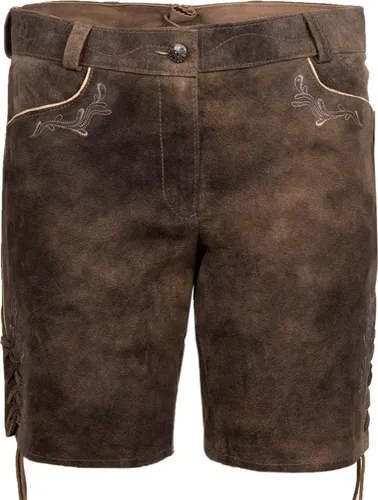Lederhose Damen kurz Glenda ZV E/Keder 34 - Kurze Lederhose Glenda von Spieht & Wensky für traditionelle Anlässe. Aus 100% Ziegenveloursleder mit feinen Stickereien und praktischen Taschen. Perfekt für Volksfeste und individuelle Anpassung durch klassische Bänder.