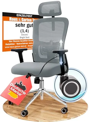 CLOUVOU BrightSeat Bürostuhl Ergonomisch [TESTSIEGER] - Bürostuhl für bis zu 150 kg, 100% individuell einstellbar mit innovativer 2D Gaming Chair Armlehne und ergonomischer Lendenwirbelstütze für höchsten Komfort im Home Office.