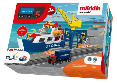 Märklin H0 72223 Frachtschiff und Hafenkran - Boote & Schiffe, aus robustem Metall und ideal für kreative Spielwelten in Spurweite H0 (1:87) mit Märklin my world.