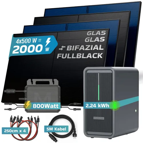 SUNNIVA Balkonkraftwerk 2000W mit Marstek B2500-D - Effizientes Balkonkraftwerk mit 2.000 W und 2,24 kWh Solarspeicher. Bifaziale Solarmodule für höhere Energieausbeute. Ideal für Balkon, Terrasse oder Garten.