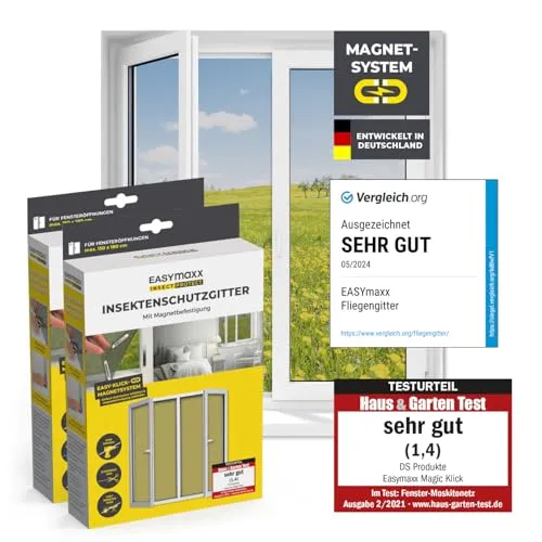 EASYmaxx Insect Protect Fliegengitter Fenster mit Magnetbefestigung - Fliegenabwehr: Effektiver Insektenschutz mit Magnet-Klick-System für Fenster bis 150 x 180 cm – einfach zuschneidbar und schnell zu montieren!