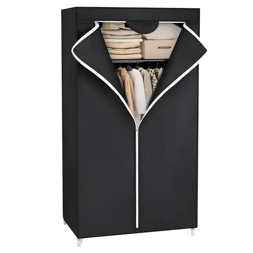 SONGMICS Faltbarer Kleiderschrank mit Kleiderstange, 75 x 45 x 160 cm, schwarz RYG83H - Platzsparender Stoffschrank für Kleidung, Schuhe und Spielzeug. Mit Reißverschluss und stabiler Konstruktion bietet er optimalen Schutz und einfache Montage – die perfekte Lösung für Ihr Schlafzimmer!