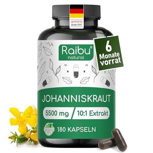 Hochdosierte Johanniskraut Kapseln - 5500 mg pro Kapsel - Pflanzliches Ergänzungsmittel Johanniskraut, 10:1 Extrakt mit 1,6 mg Hypericin pro Kapsel. Vegan, ohne Zusatzstoffe und 6 Monate Vorrat für eine einfache tägliche Einnahme.