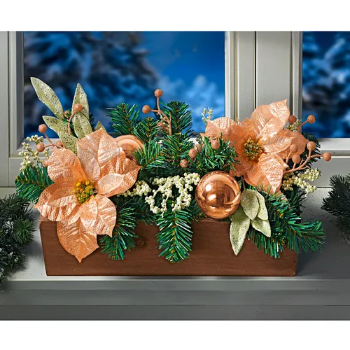 3PAGEN Blumenkasten mit Weihnachtsschmuck 40cm - Wetterfester Blumenkasten mit festlichem Tannengesteck und edlen Kugeln in Rosé-Gold. Ideal für einen eleganten Balkon in der Winterzeit.