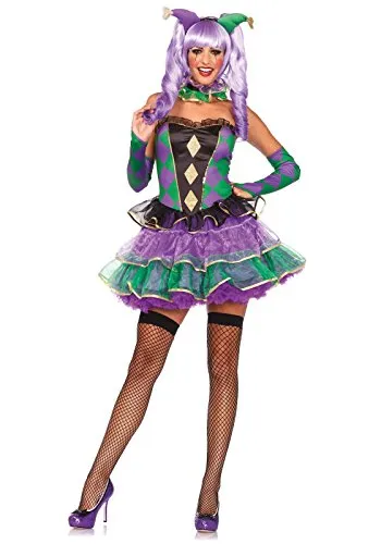 Leg Avenue Clown-Kostüm Mardi Gras – Faschingskostüm in bunten Farben - Fünfteiliges Clown-Kostüm für Karneval, bestehend aus tragefreundlichem Kleid, Kragen, Armstulpen und Haarreif. Ideal für fröhliche Feiern und unvergessliche Auftritte.
