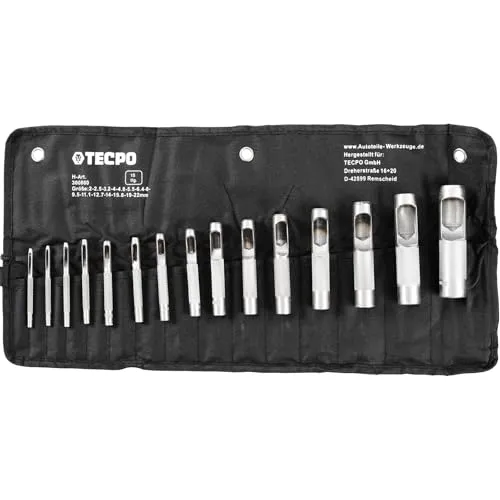 TECPO Locheisen-Satz, 15-teilig, Ø 2–22 mm, aus gehärtetem Carbonstahl, präzise Lochungen in Leder, Textilien und Papier, Lochpfeifen, Hohlzylinder, Lochstanzen Werkzeug Set, Lochschneider Satz