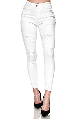 Elara Damen Jeans High Waist Destroyed YH 541 White-40 (L) - Damen-Jeanshosen: Stylische High-Waist Destroyed-Jeans mit perfekter Passform, die Ihre Kurven betont und vielseitig kombinierbar ist.