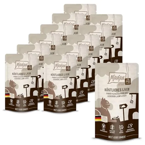 MjAMjAM Premium Nassfutter für Katzen - Lamm Quetschie 12er Pack - Getreidefreies Nassfutter aus 100% Lebensmittelqualität mit hohem Lammanteil für artgerechte Katzenernährung. Ideal für anspruchsvolle Katzen, die natürlichen Fleischgenuss lieben.