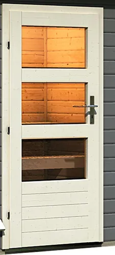 Karibu Türe für Außensauna mit Klarglas-Lichtausschnitten elfenbeinweiß - Hochwertige Holztür für Gartenhäuser mit 3 Lichtausschnitten aus Echtglas, ideal für eine stilvolle Außensauna. Inklusive Alu-Türschwelle und Zylinderschloss für Sicherheit.