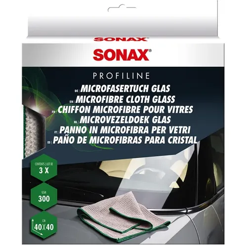 SONAX MicrofaserTuch Glas, 3 Stück - Profi-Putztuch für streifenfreies Ergebnis - Sonstige, sehr saugfähiges und fusselfreies Profi-Microfasertuch mit Waffelstruktur für die sanfte und streifenfreie Reinigung von Glas.