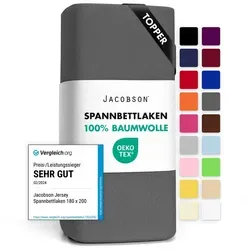 Jacobson Spannbettlaken TOPPER aus 100% Baumwolle, Jersey Bettlaken 160 g/m2, Spannbetttuch mit Gummizug, pflegeleicht & viele Farben grau 180 - 200 cm x 220 cm
