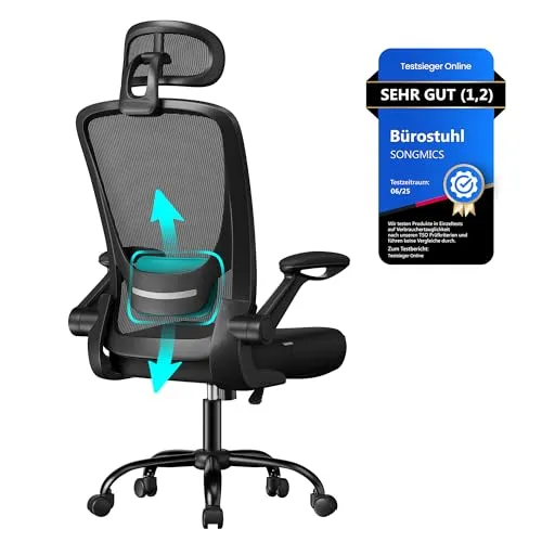 SONGMICS Ergonomischer Bürostuhl mit Mesh, Drehstuhl mit Lenden- und Kopfstütze, klappbaren Armlehnen, Schwarz - Ergonomischer Bürostuhl mit anpassbarer Lendenwirbel- und Kopfstütze. Ideal für langen Sitzkomfort dank atmungsaktivem Material und flexibler Wippfunktion. Perfekt für Büro und Home Office.