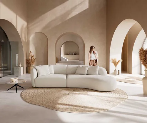 DELIFE Sofa Mairi Bouclé Creme-Weiß 330x160 cm - Sofagarnitur mit asymmetrischer Form und Recamiere, inklusive 4 hochwertigen Kissen. Der weiche Boucléstoff in Creme-Weiß sorgt für zeitlose Eleganz und außergewöhnlichen Komfort.