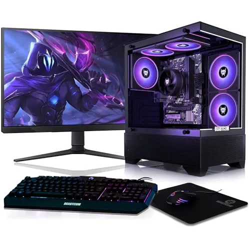 BEASTCOM Q3 Essential Gaming PC - Desktop-PC mit AMD Ryzen 5, 32GB RAM und 1TB SSD für ruckelfreies Gaming und effizientes Arbeiten. Inklusive 24" Monitor, RGB-Technologie, und Windows 11 Pro für ein modernes Erlebnis.