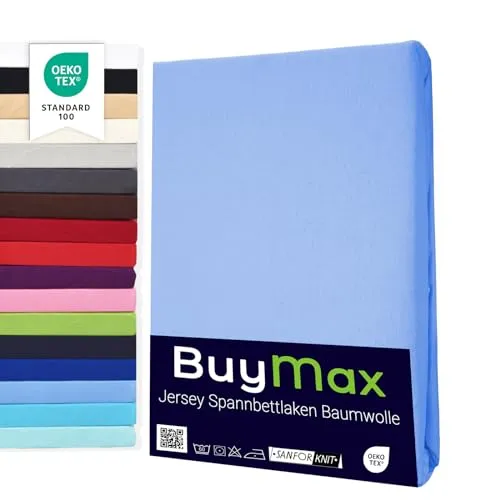 Buymax Spannbettlaken 2-er Set, Jersey 100% Baumwolle, Hellblau, 160x200 cm - Praktisches 2-er Set Spannbettlaken aus 100% Baumwolle mit rundum Gummizug. Ideal für Matratzen bis 25 cm Höhe, pflegeleicht und waschbar bis 60°C. Perfekte Passform für komfortablen Schlaf.