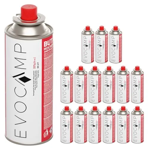 EVOCAMP 16x Stück Butan Gaskartuschen 227g Typ MSF-1a Bajonett Ventil ideal für Campingkocher, Gasheizung, Unkrautbrenner, Camping Gas Butangas Kartusche, Universaldruckgasdose für Camping und BBQ