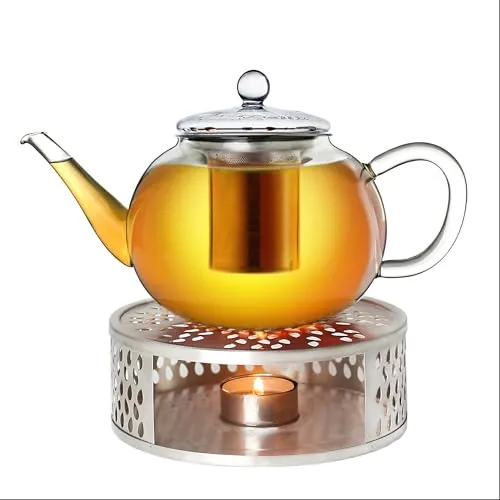 Creano Teekanne aus Glas 1,2l mit Edelstahl Stövchen - Teekessel: 3-teilige Glasteekanne mit integriertem Sieb, ideal für losen Tee und Kaffee. Inkl. elegantes Edelstahl Stövchen für warmen Tee und stimmungsvolles Lichtspiel.