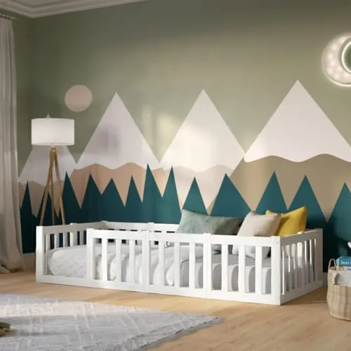 Crazy Pine Kinderbett 140x200 cm – Montessori Bodenbett mit Rausfallschutz 40cm - Weiß mit Glatter Oberfläche - Perfekt für Jungen und Mädchen Crazy Johnny