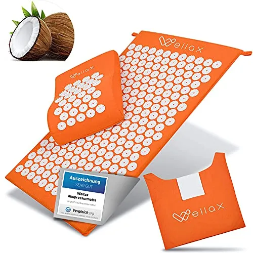 Wellax Das Original - Akupressurmatte mit Kissen, 100% Kokosfasern gefüllt, löst Verspannungen und fördert die Durchblutung, inkl. Tragetasche für optimale Entspannung überall