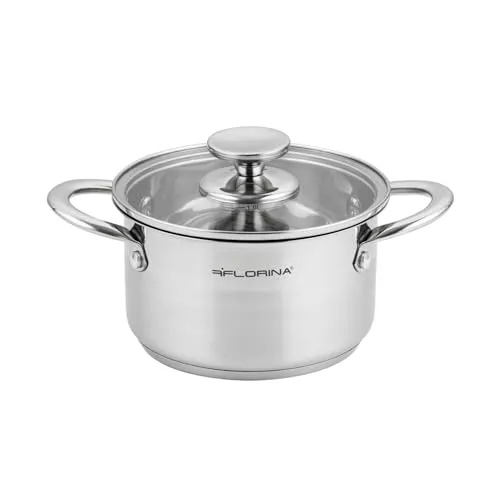 FLORINA Edelstahl Topf 1,9 l - Energiesparender Kochtopf mit Glasdeckel - Pastatöpfe mit 3-lagigem Boden für gleichmäßige Wärmeverteilung. Ideal für alle Herdarten und ausgestattet mit praktischer Messskala im Inneren.