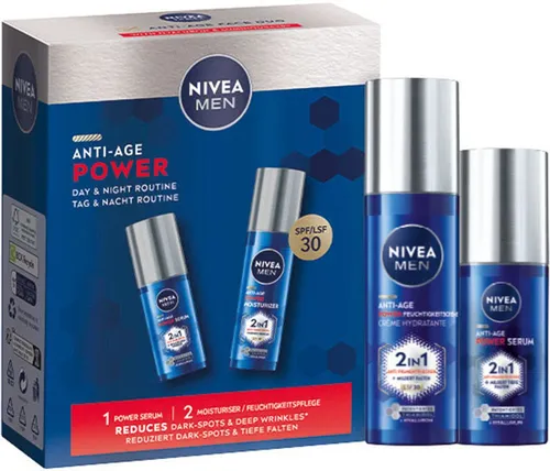 NIVEA MEN Anti-Age Power Set – Serum & Feuchtigkeitspflege - Dieses Gesichtspflegeset mit innovativem Serum und Feuchtigkeitspflege bietet eine moderne Lösung für sichtbar jüngere Haut. Ideal für alle Hauttypen und perfekt für die tägliche Anwendung.