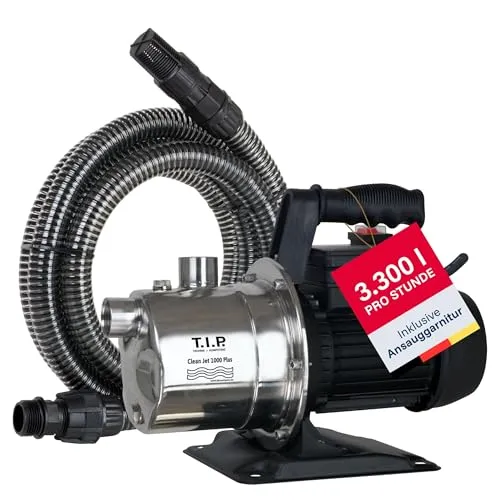 T.I.P. Clean-Jet 1000 Plus Gartenpumpe - Leistungsstarke Wasserpumpe mit Edelstahlgehäuse und 3300 l/h Förderleistung, ideal für Gartenbewässerung und Selbstansaugung.