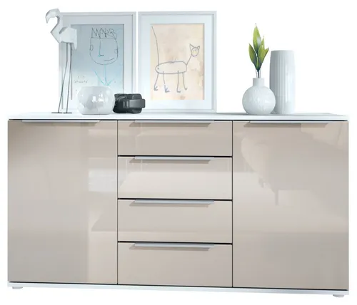 Vladon Sideboard Porto V1 - Modernes Design in Weiß und Sandgrau - Elegantes Sideboard mit 2 Türen und 4 Schubladen, ideal für eine stilvolle Einrichtung. Mit einfacher Selbstmontage und pflegeleichter Oberfläche.